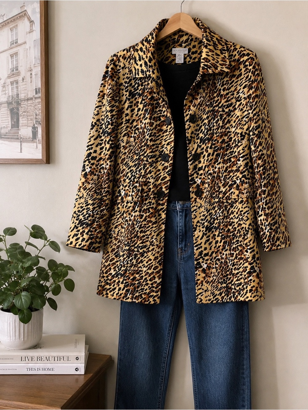 Worthington Leopard Print Trench Coat Jacket Large 90s Chic Animal Print 3/4